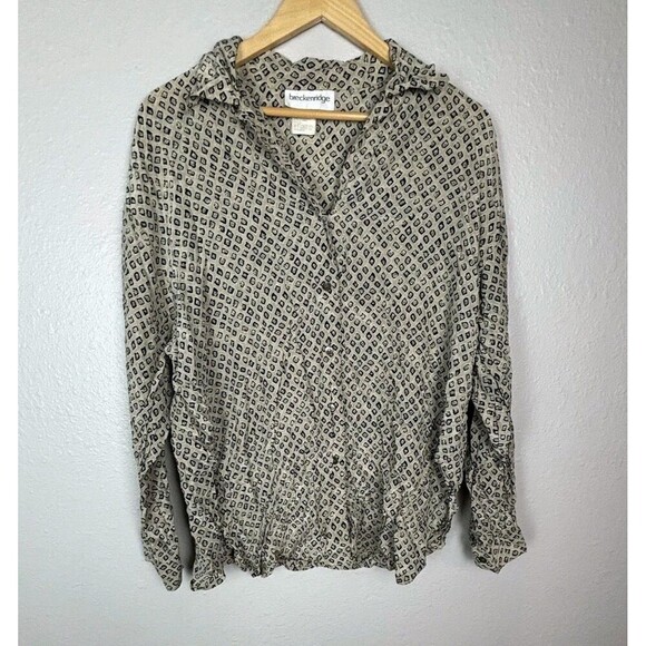 breckenridge Tops - Breckenridge Beige Geo Silk Button Up Blouse Top 14